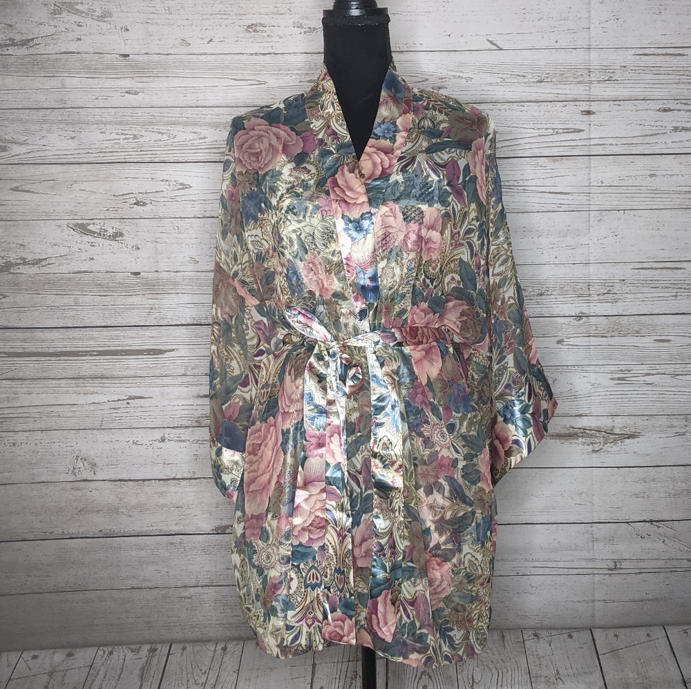 victoria's secret • 80s gold label satin floral cottagecore robe/slip set